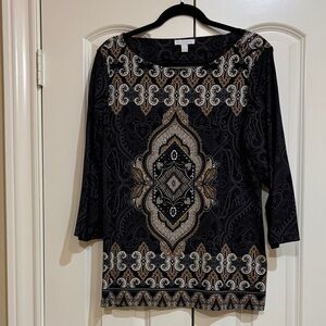 Charter Club Black and Tan Boho Long Sleeve Tunic Top